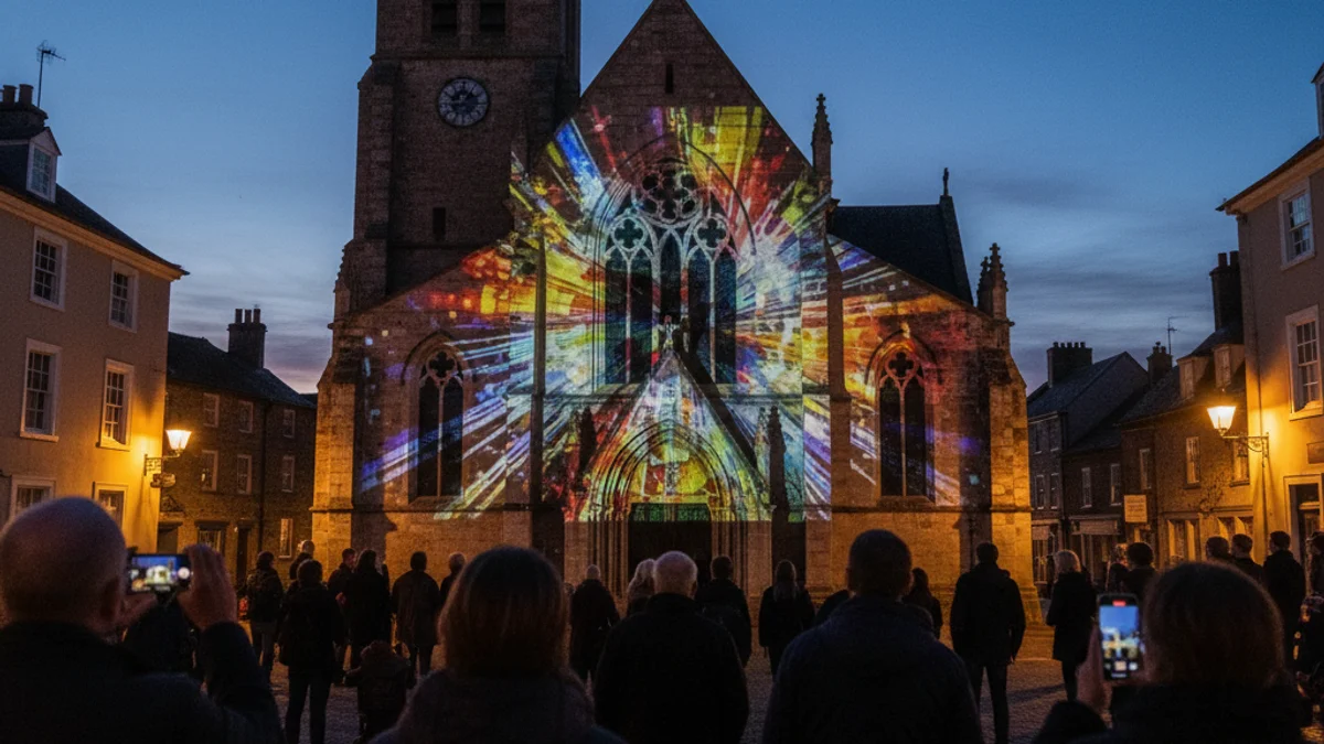 Imatge d'una projecció de videomapping sobre la façana d'una església durant un acte commemoratiu nocturn.