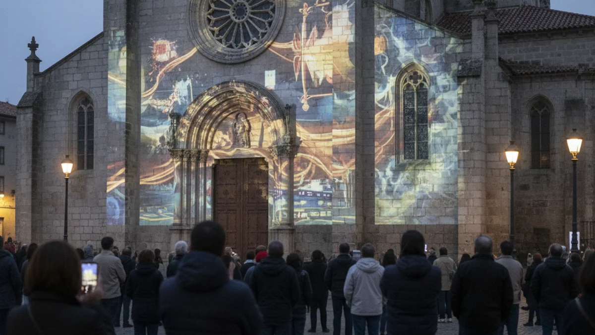 Imatge d'una projecció de vídeo mapping sobre la façana d'una església durant un acte commemoratiu nocturn.