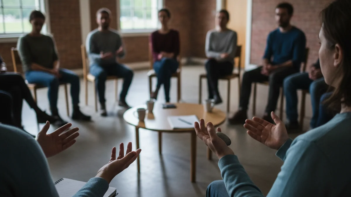 Grup de persones participant en un taller comunitari centrat en el diàleg i la resolució de conflictes.