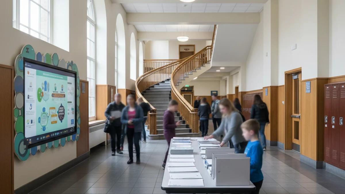 Informació sobre educació, amb un cartell genèric d'una escola pública durant una jornada de portes obertes.