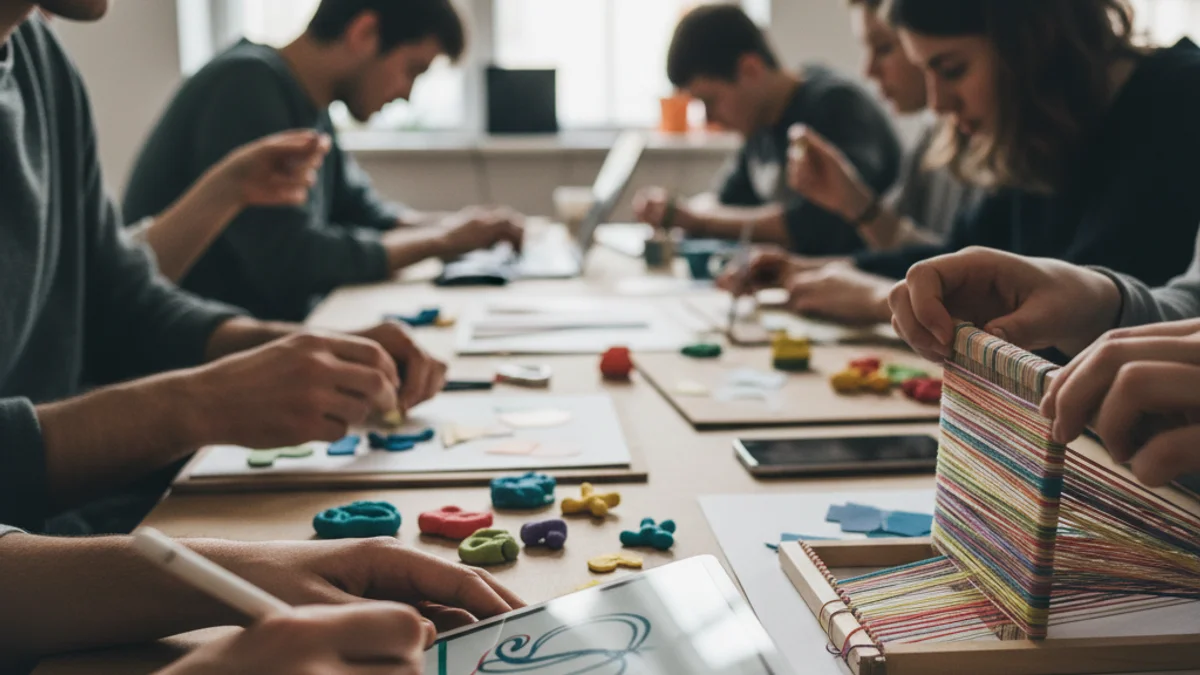 Joves participant en un taller creatiu, amb les mans treballant en manualitats o projectes digitals.