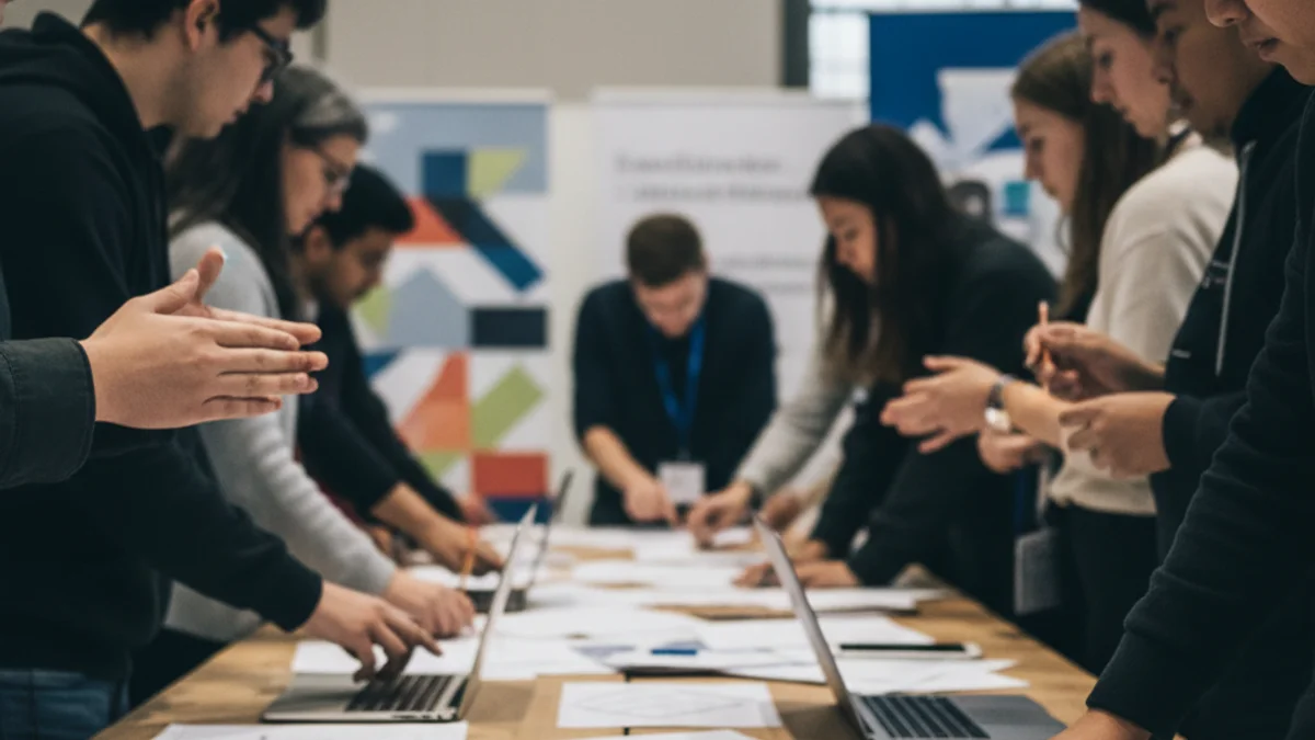 Il·lustració d'un grup de joves i professors interactuant en un entorn educatiu modern, simbolitzant la ciutadania global.