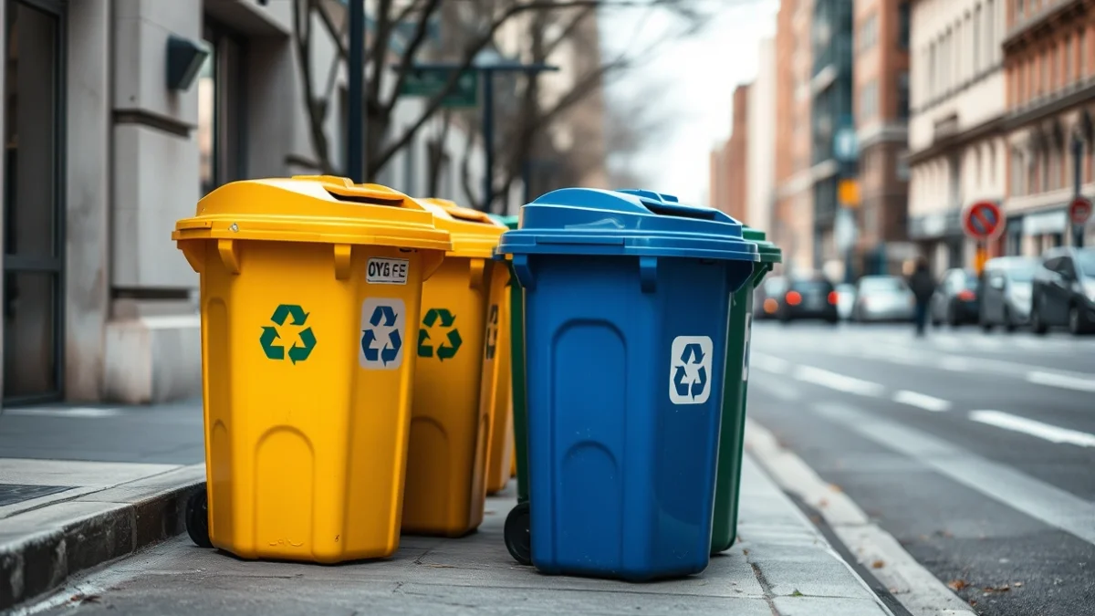 Contenidors de recollida selectiva de colors en un carrer urbà, simbolitzant la gestió de residus.