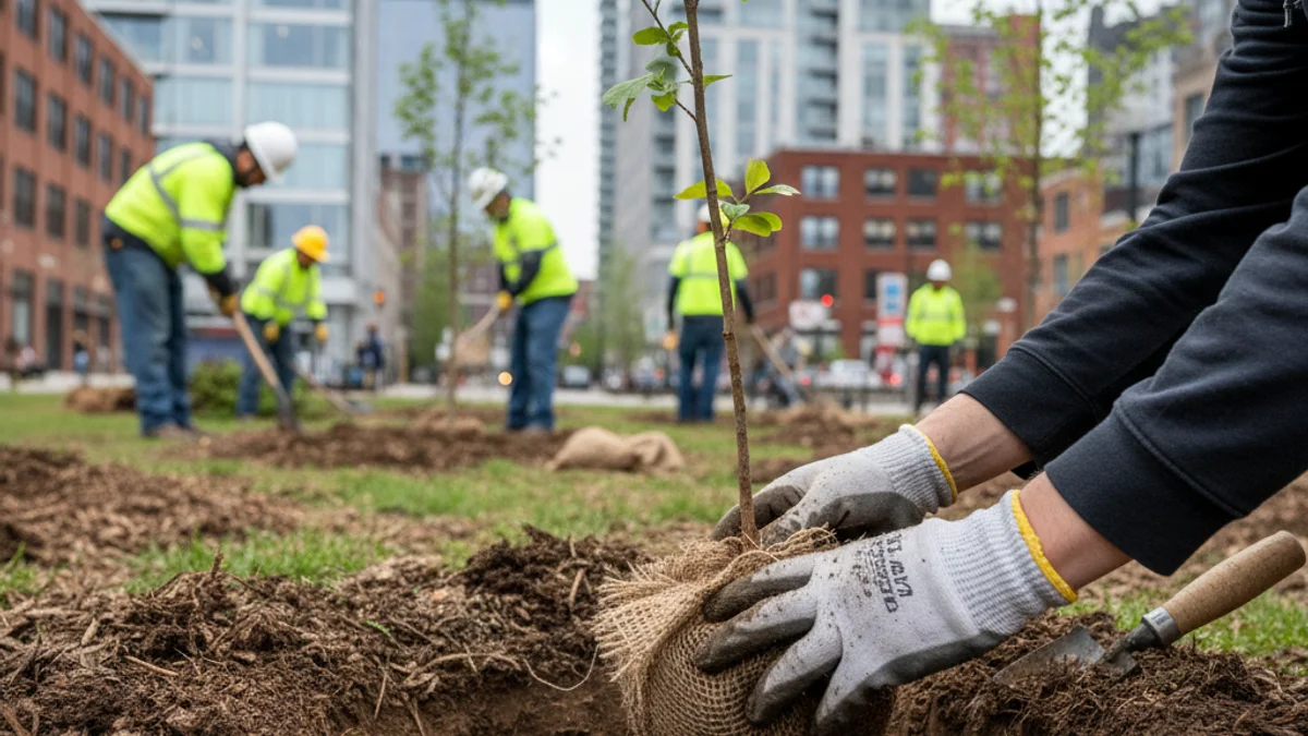 Imatge genèrica de mans plantant un petit arbre en una zona verda urbana, amb figures borroses de fons.