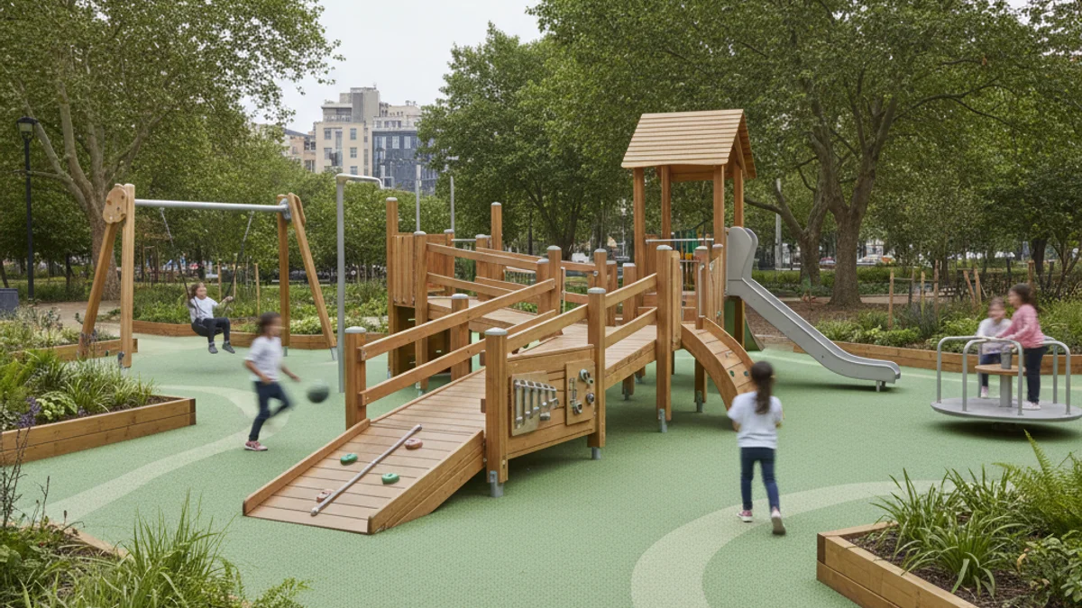 Imatge d'un parc infantil renovat amb nous elements de fusta i zones verdes, simbolitzant l'accessibilitat.