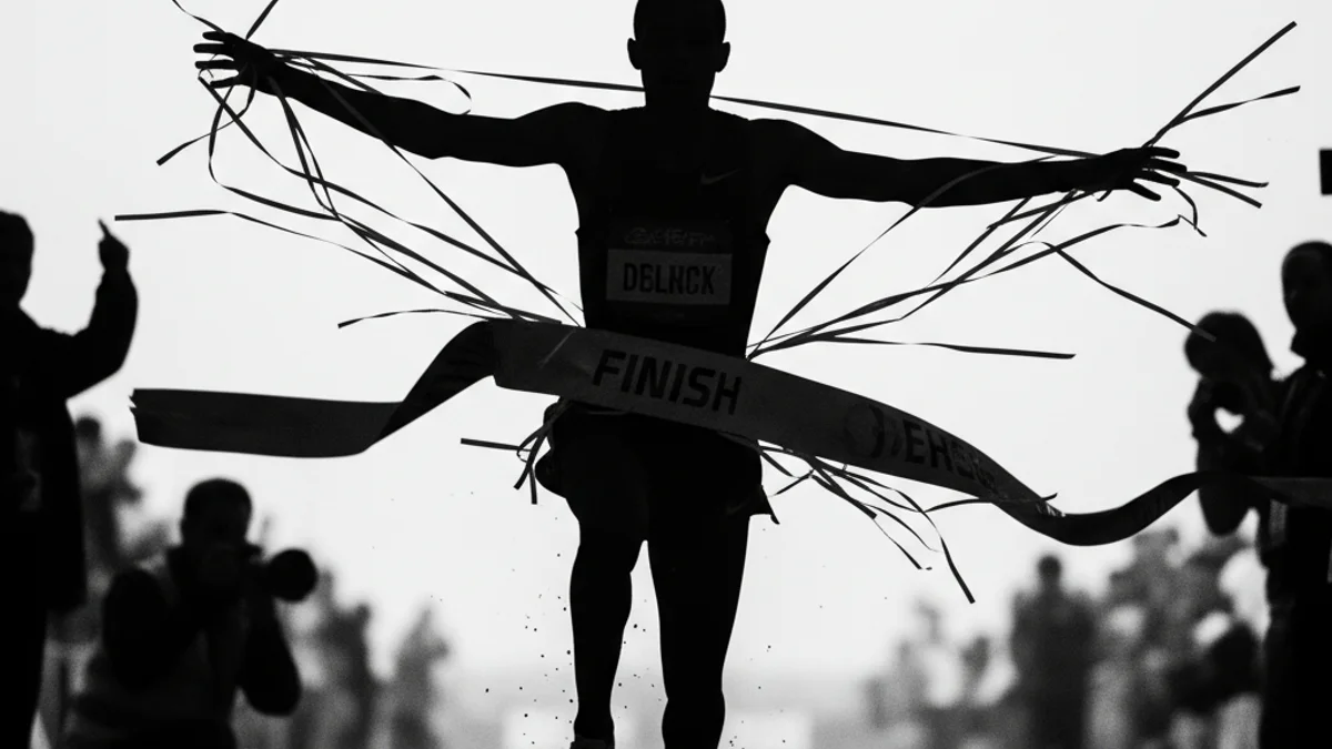 Imatge genèrica d'un corredor de fons creuant la línia de meta en una cursa de 10K en ruta.