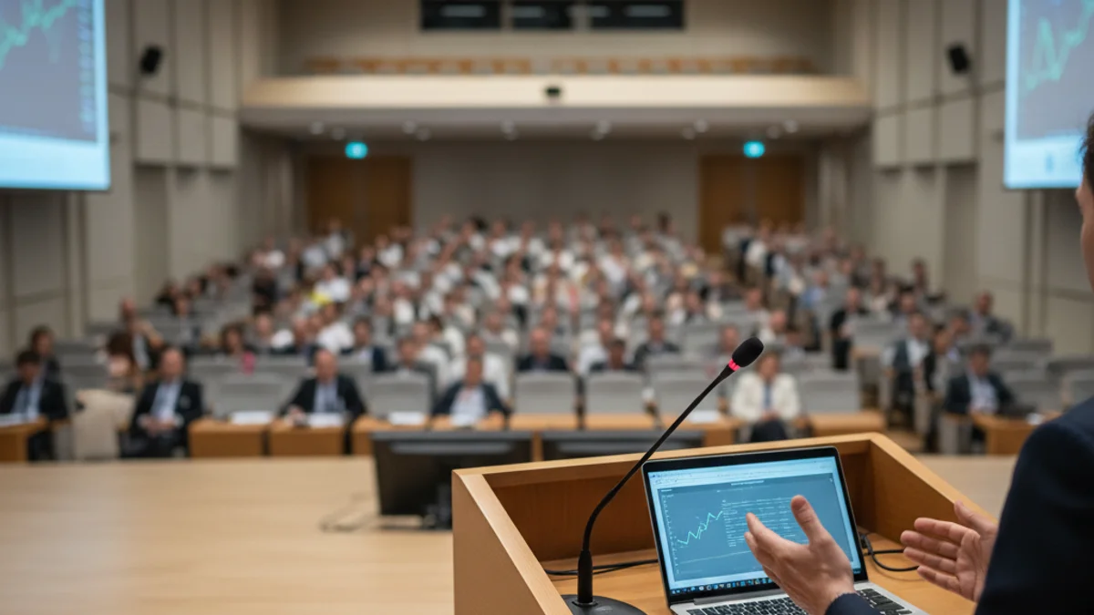 Un economista parla davant d'una audiència en una sala de conferències moderna, amb un enfocament en el podi i el micròfon.