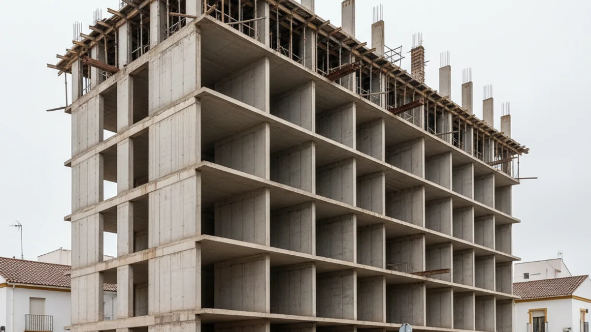 Descripció genèrica d'una estructura d'edifici a mig construir en una zona urbana, amb el formigó a la vista.