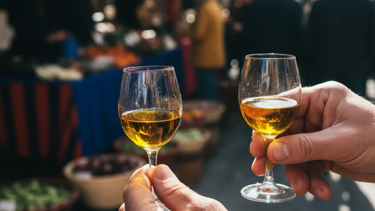 Una mà sostenint una petita copa amb oli d'oliva verge extra durant un tast popular.