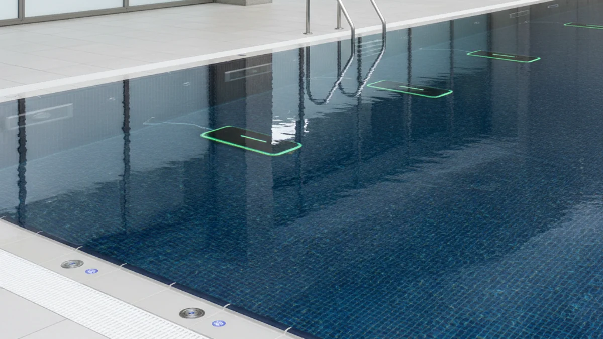 Imatge genèrica d'una piscina moderna amb carrils de natació i sensors submergits, sense persones reconeixibles.