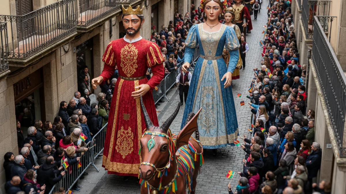 Imatge genèrica d'una cercavila de Festa Major amb figures de gegants i una multitud borrosa al fons.