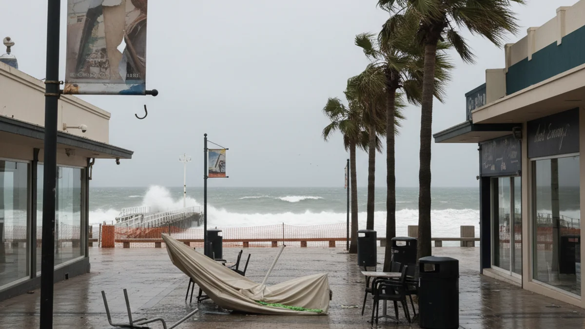 Senyal de suspensió d'actes o un carrer buit amb arbres moguts pel vent, simbolitzant una alerta meteorològica.