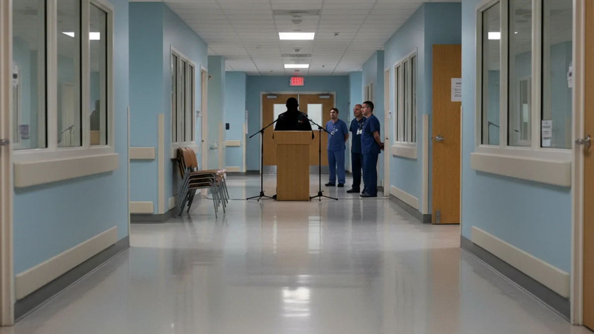 Façana genèrica d'un hospital de grans dimensions o una sala de premsa buida a l'espera d'una compareixença.