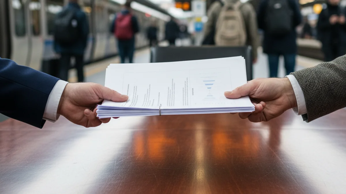 Representació visual d'una negociació política tensa, amb documents sobre una taula i un fons que suggereix infraestructures.