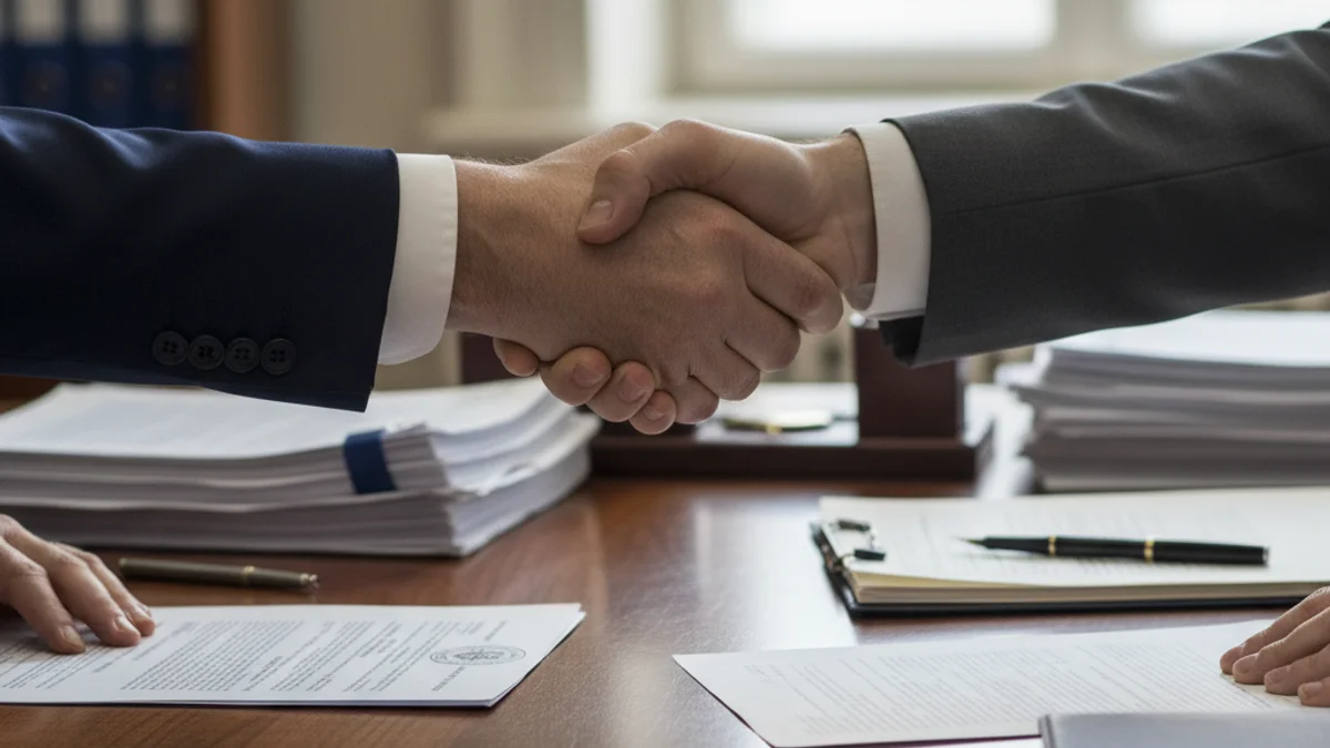 Representació visual d'una negociació política o un acord financer, amb documents sobre una taula.