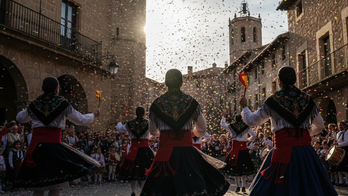 Imatge genèrica de parelles de balladors tradicionals amb vestits festius en una plaça durant la celebració de Sant Antoni.