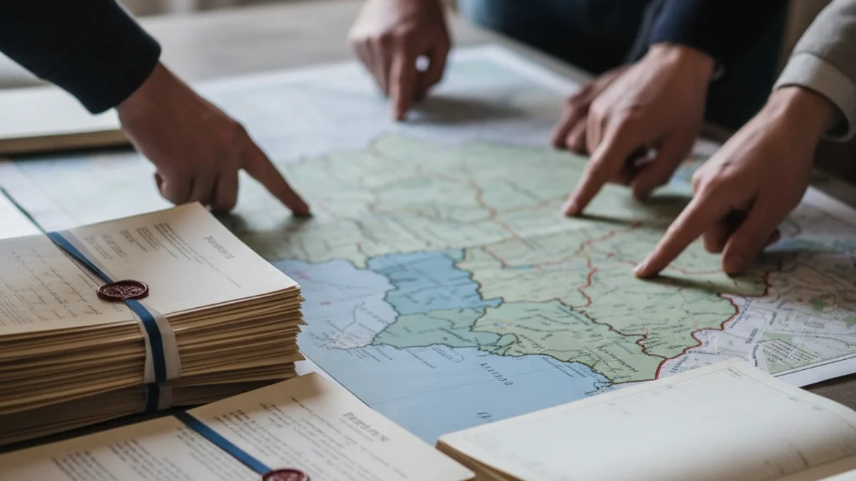 Representació visual d'un mapa municipal o una frontera administrativa, amb documents oficials en primer pla.