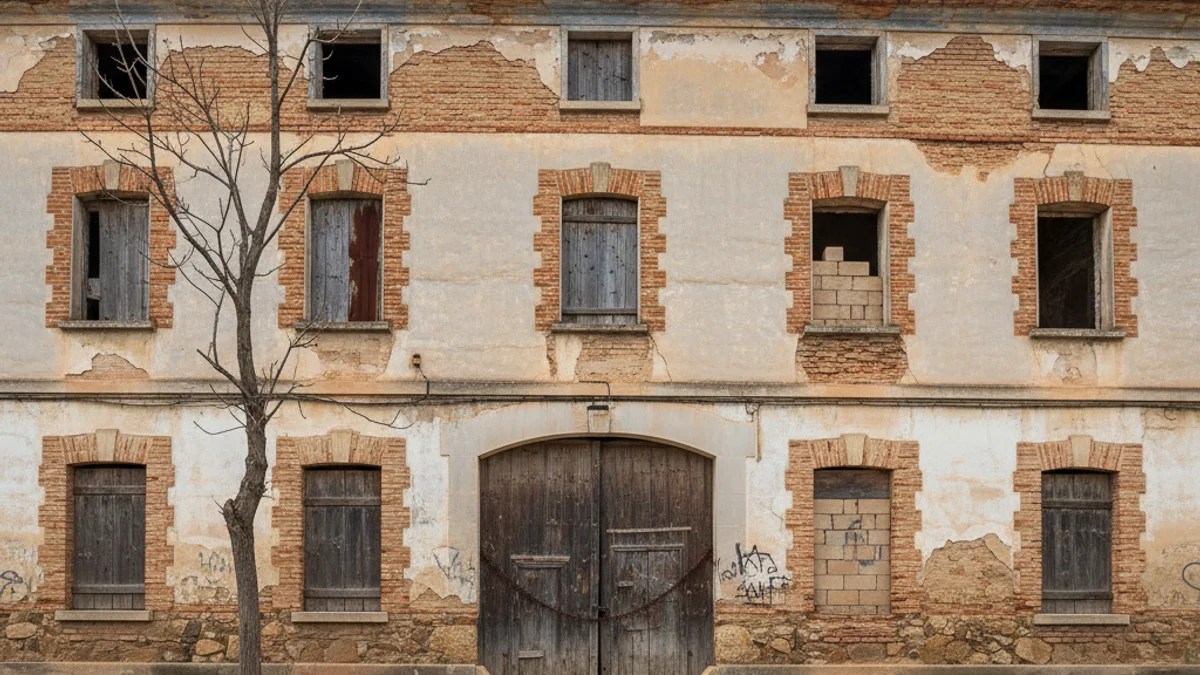 Imatge genèrica de l'exterior d'una antiga caserna o edifici municipal abandonat, tapiat i pendent de demolició.