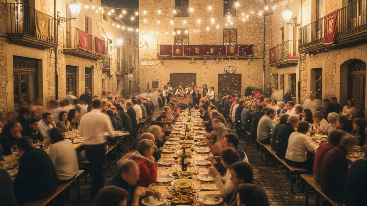Imatge genèrica d'una plaça de poble català amb gent reunida per un sopar popular durant una festa major d'hivern.