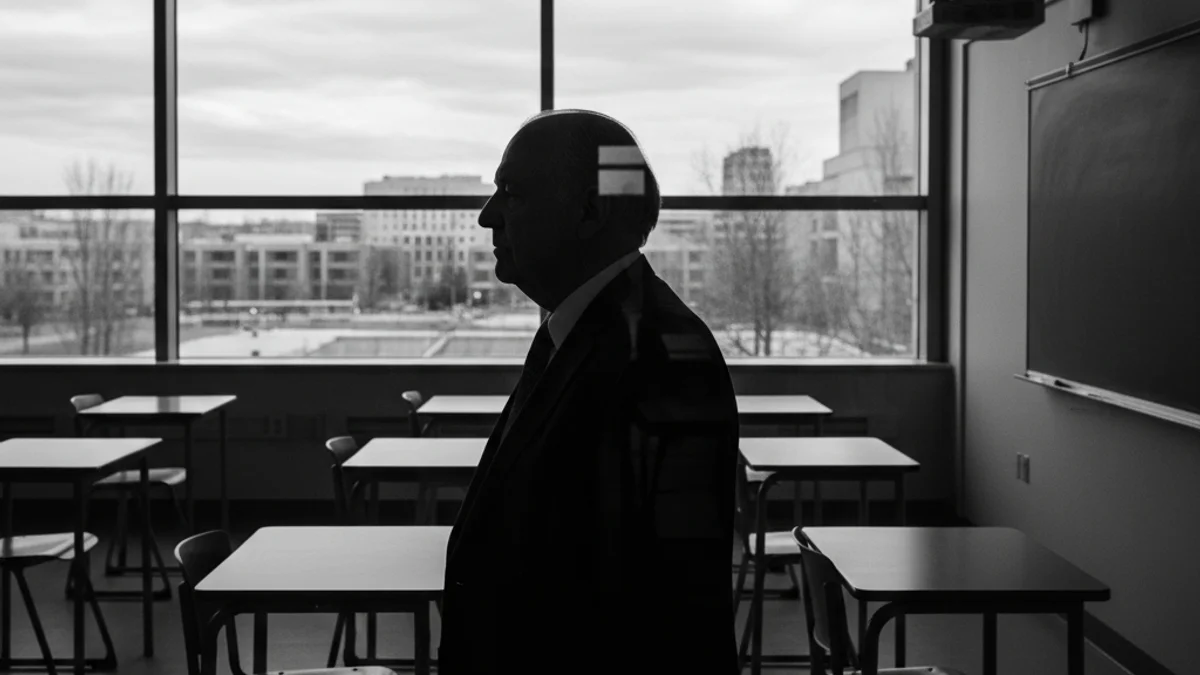 Silueta d'un professor en un campus universitari mirant cap a l'exterior, simbolitzant la transició professional.