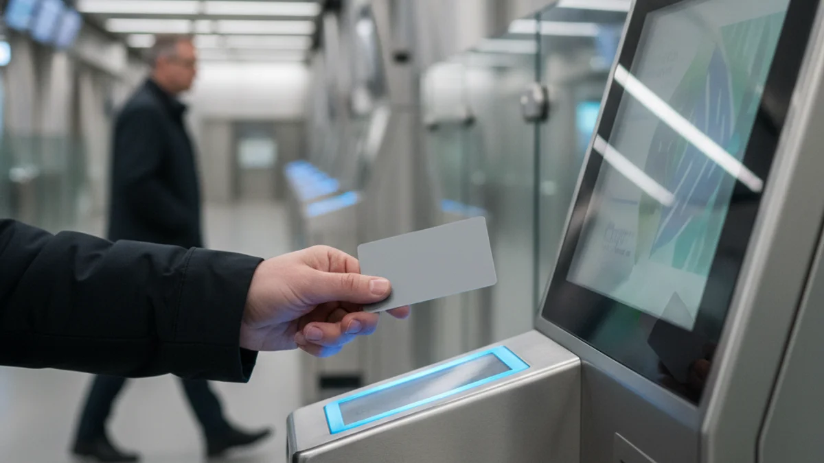 Imatge genèrica d'una mà utilitzant un títol de transport en una màquina de validació d'una estació de trens.