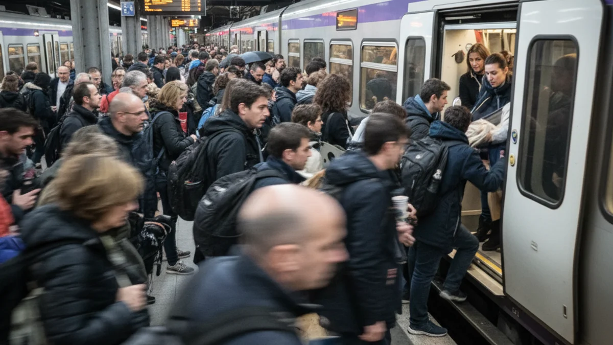 Imatge genèrica d'una estació de tren alternativa o una parada d'autobús plena de gent buscant transport.
