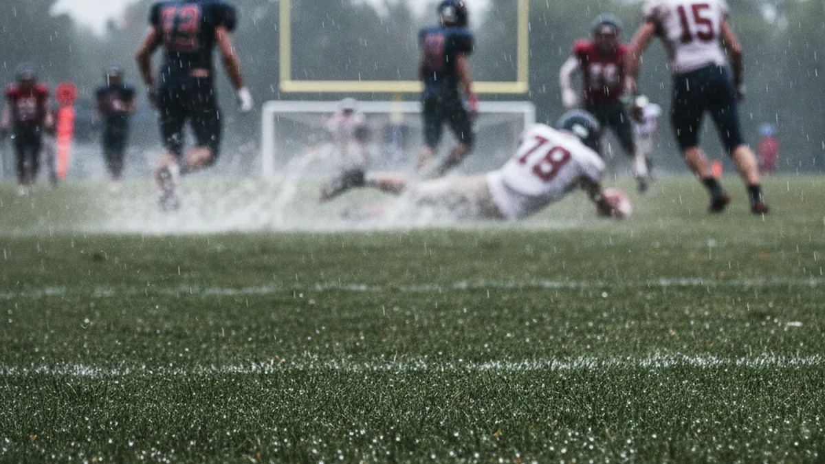 Imatge genèrica d'un partit de futbol sota la pluja, amb jugadors en siluetes lluitant per la pilota.