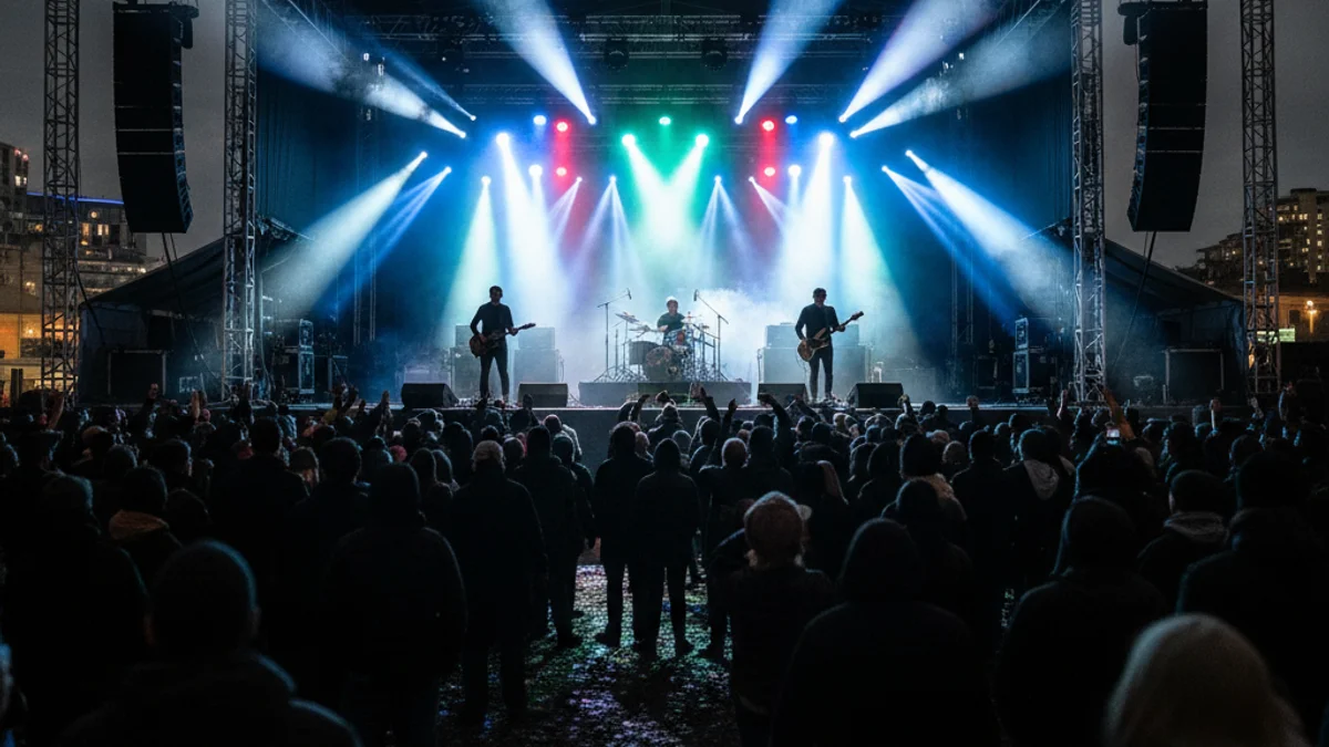 Imatge genèrica d'un escenari de festival de música a l'aire lliure amb siluetes d'una banda actuant.
