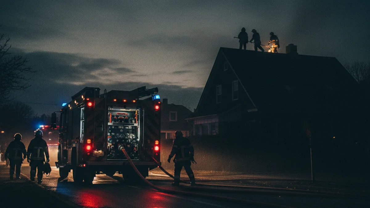 Imatge genèrica d'un camió de bombers treballant de nit en una zona residencial.