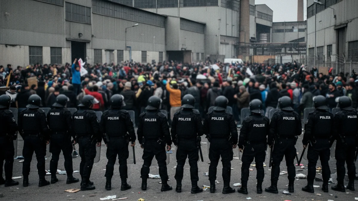 Agents de la policia antidisturbis formant un cordó de seguretat davant d'una protesta en un polígon industrial.