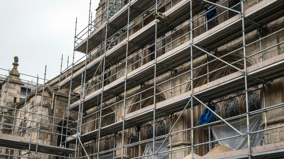 Façana d'un edifici històric de pedra a Solsona amb bastides, simbolitzant l'inici de les obres de rehabilitació.