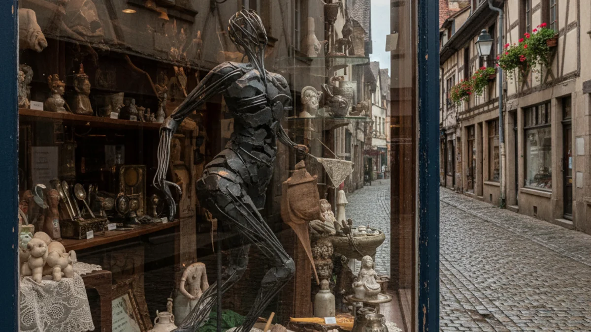 Aparador d'una botiga antiga al nucli històric de Solsona amb una obra d'art contemporani exposada.