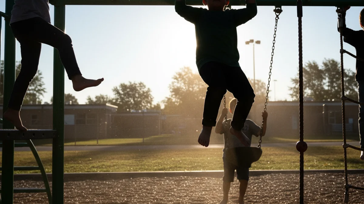 Infants jugant en un pati escolar durant el cap de setmana, amb figures borroses i sense cares visibles.