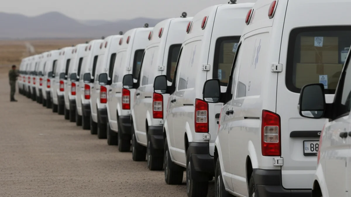 Imatge genèrica d'ambulàncies preparades per a una missió humanitària de llarg recorregut.