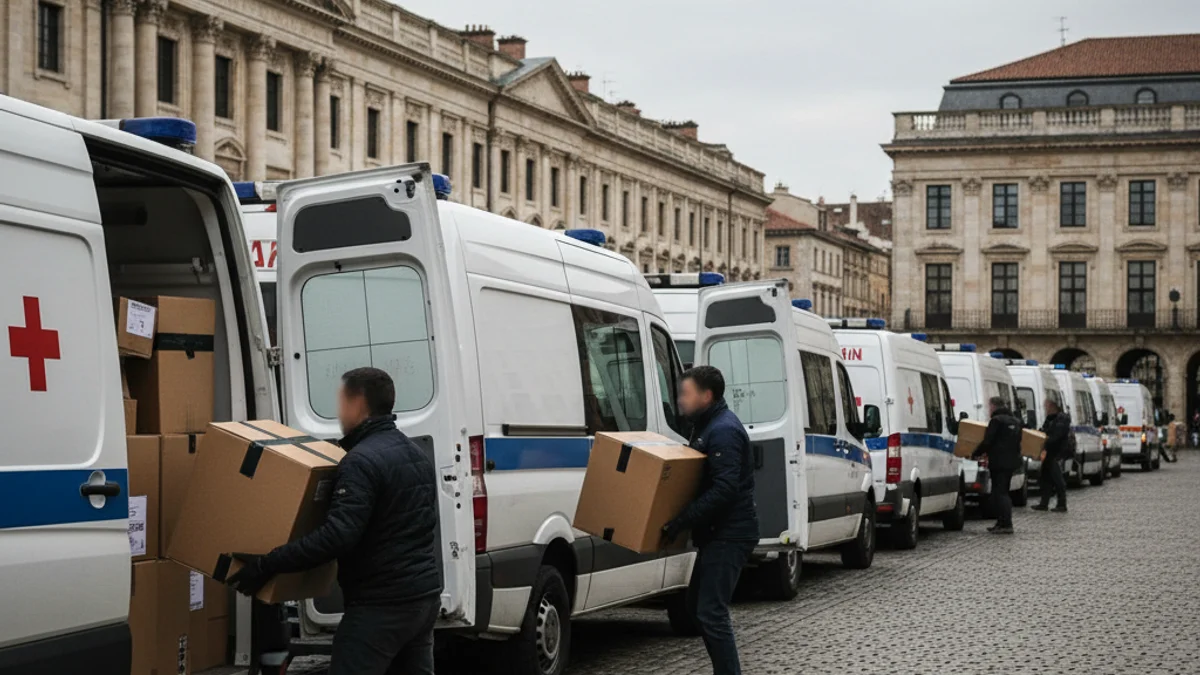 Ambulàncies i vehicles 4x4 preparats per a una missió humanitària en un entorn urbà.