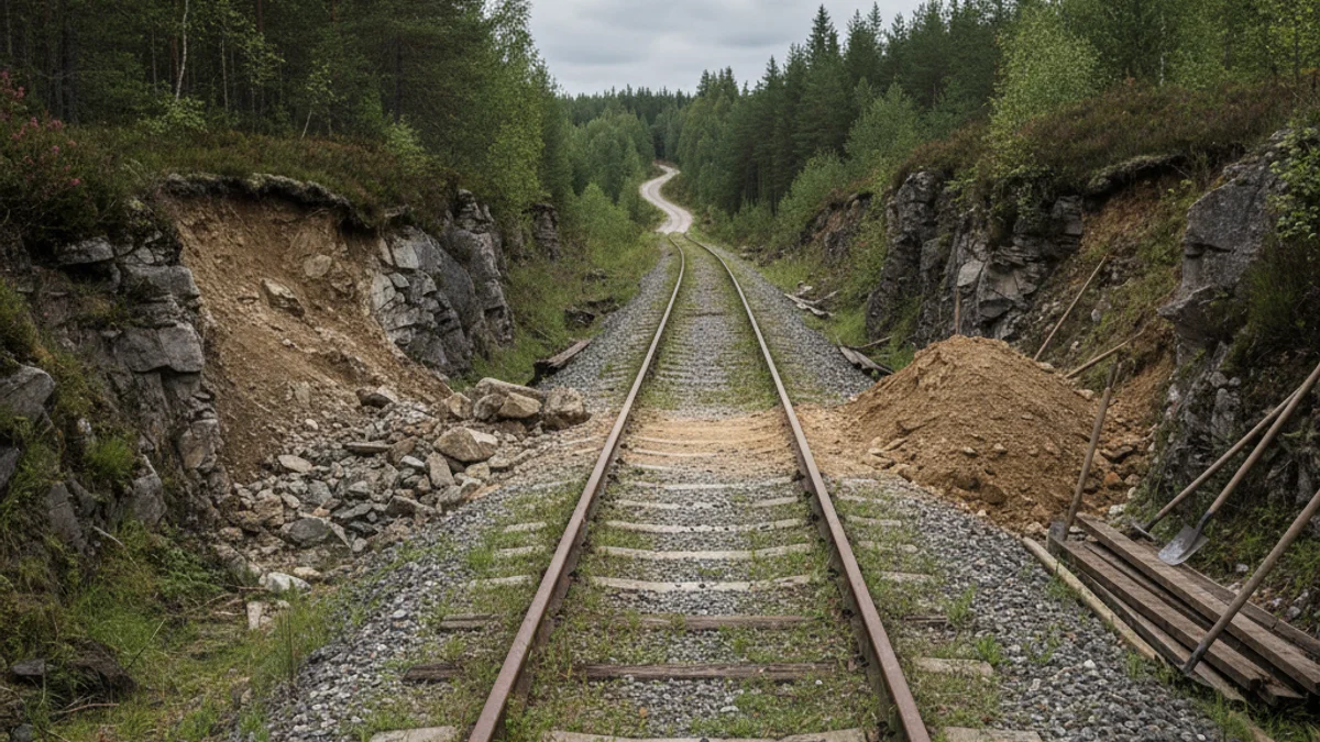 Imatge genèrica d'una via de tren buida en una zona rural, amb senyals d'advertència o obres de manteniment.