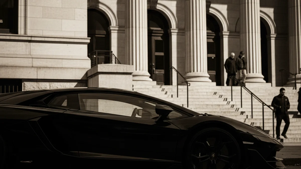 Imatge d'un cotxe esportiu de luxe, possiblement un Lamborghini, simbolitzant el frau d'alta gamma.