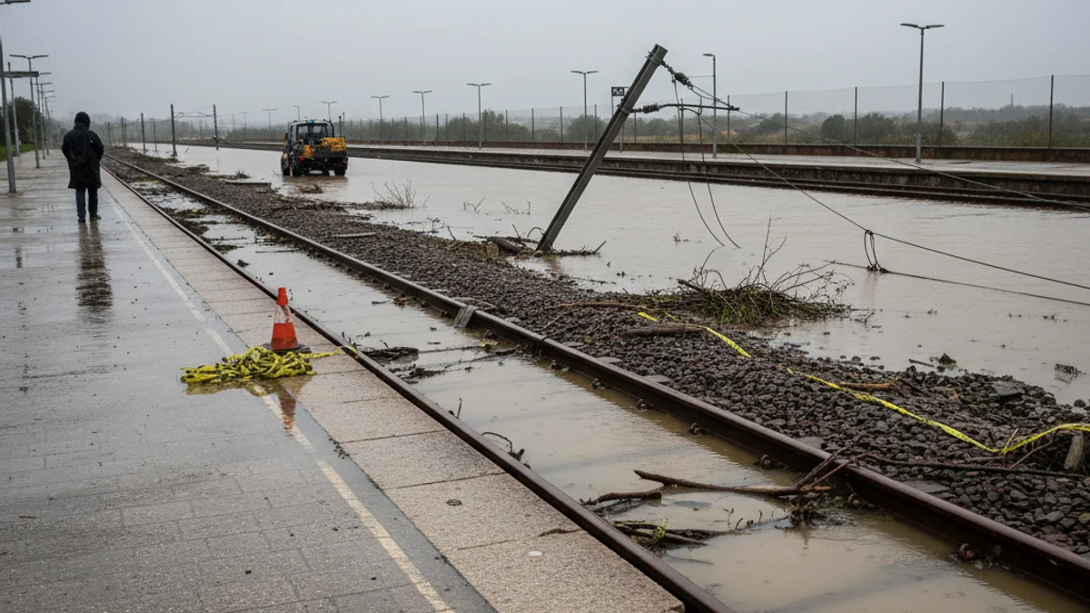 Imatge genèrica d'una estació de tren buida o d'una via de ferrocarril afectada per la pluja i els desperfectes.