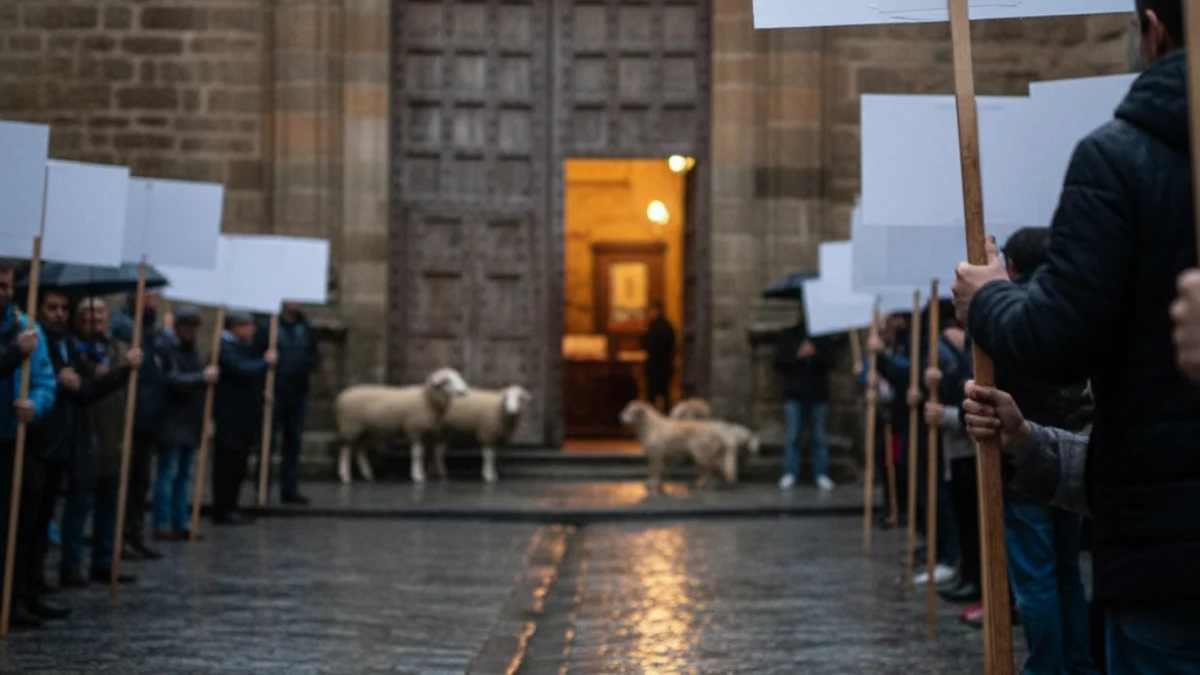 Grup de persones amb mascotes a l'entrada d'una església sota la pluja, amb pancartes de protesta al fons.