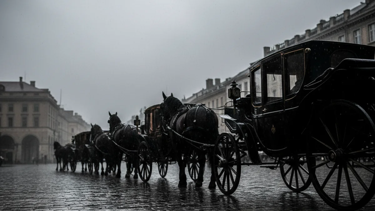 Siluetes de cavalls i carruatges en una desfilada tradicional, amb el cel gris i plujós de fons.