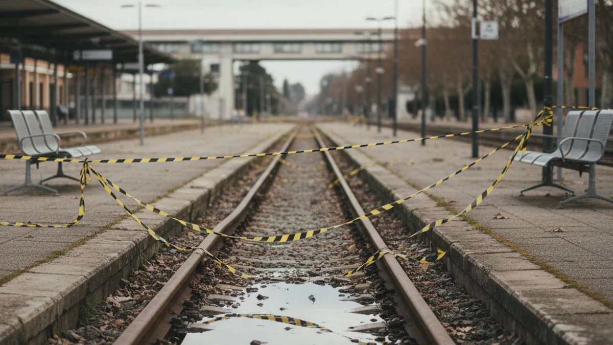 Imatge genèrica d'una via de tren danyada o una estació de Rodalies buida després d'un incident.