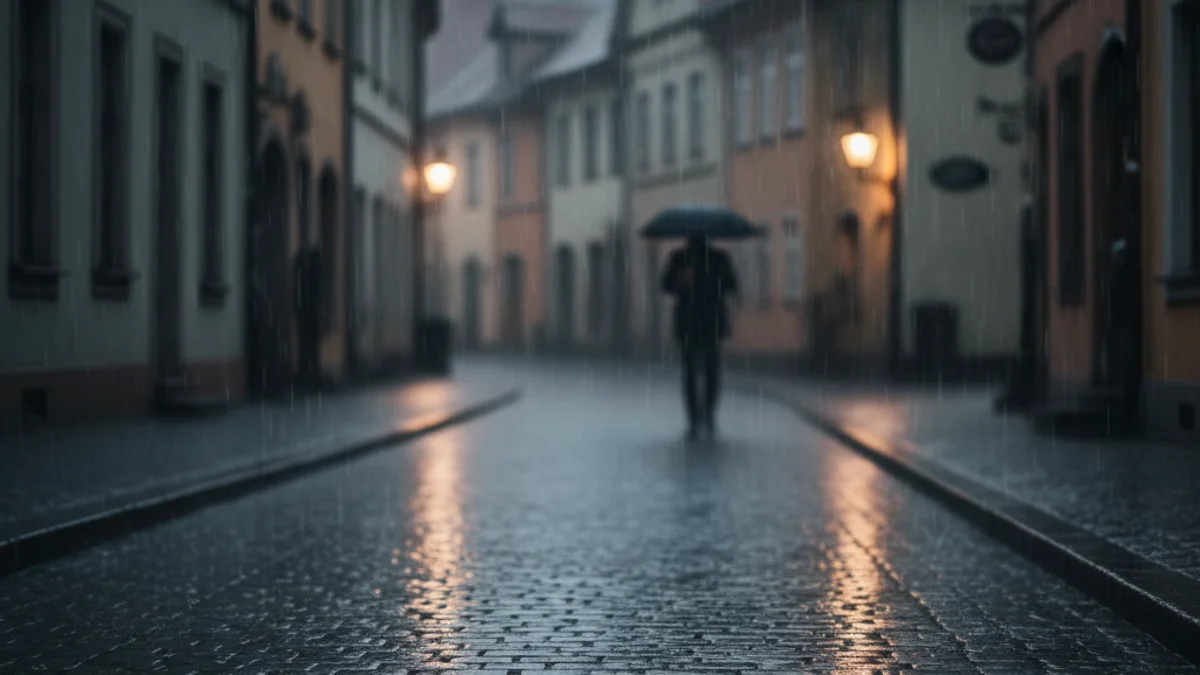 Imatge genèrica de pluja intensa caient sobre un carrer o plaça buida d'un poble català.