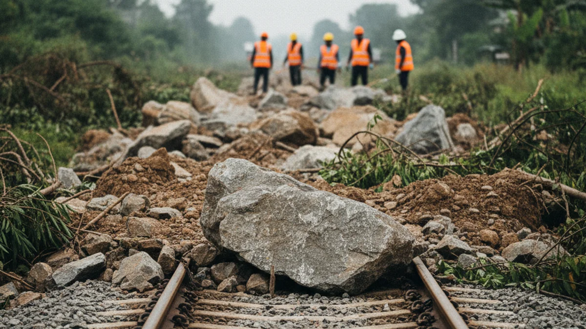 Imatge genèrica d'una via de tren amb operaris treballant per retirar roques i terra després d'una esllavissada.