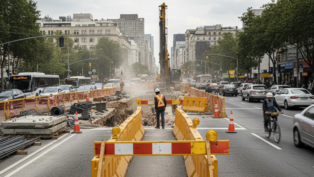 Imatge genèrica d'una via urbana amb dos carrils tallats per obres d'infraestructura i cons de trànsit.