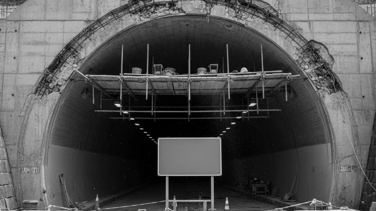 Imatge genèrica d'un túnel de carretera amb senyals de trànsit o llums danyats.