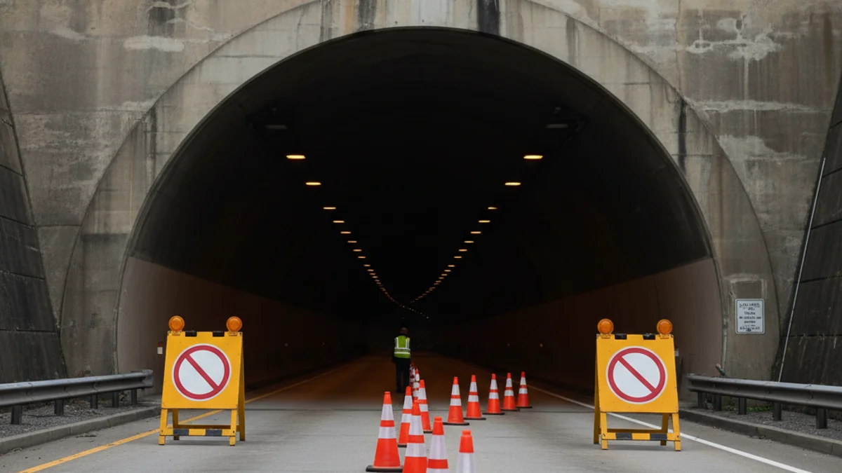Imatge genèrica d'una entrada de túnel amb senyalització de tall de trànsit i cons de seguretat.