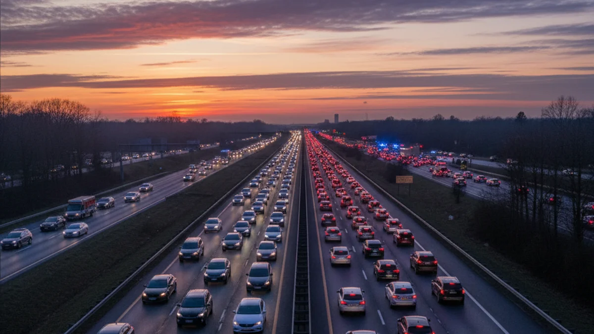 Imatge genèrica d'una carretera amb trànsit intens al capvespre, amb vehicles d'emergència al fons.