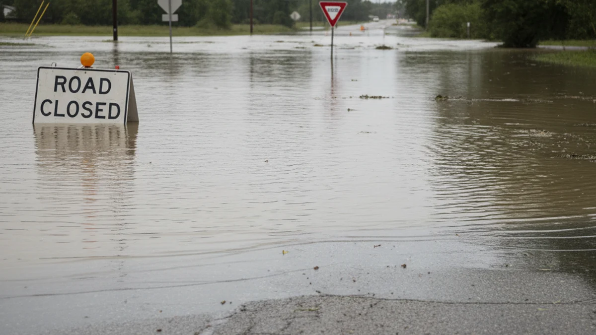 Imatge d'una carretera inundada per l'aigua d'una riera desbordada, amb senyals de trànsit al fons.