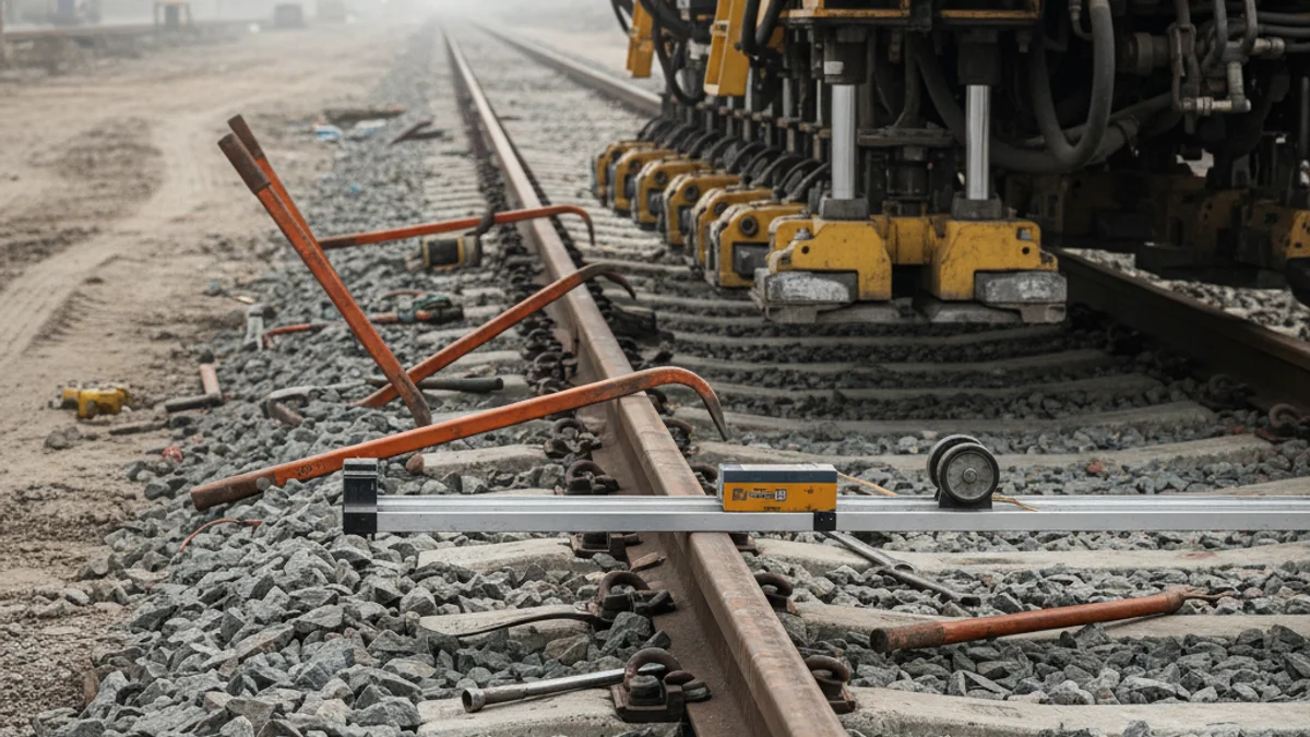 Imatge genèrica de vies de tren amb treballs de manteniment en curs, sense figures humanes clares.