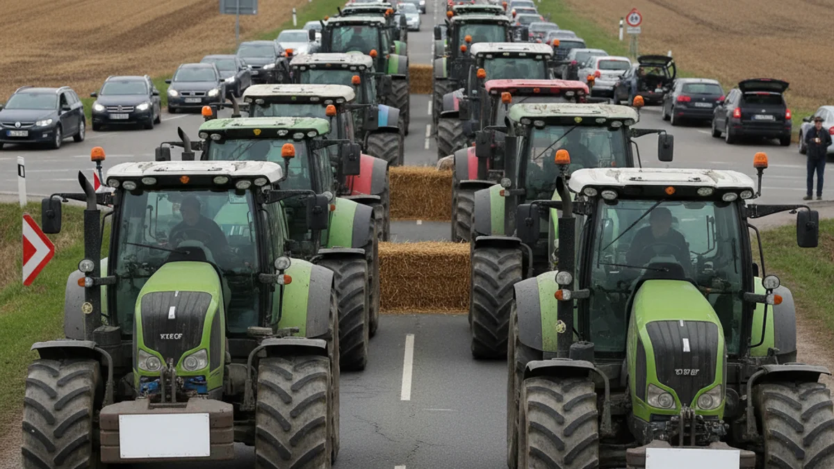 Imatge genèrica de tractors bloquejant una carretera rural o una autopista, amb figures borroses de manifestants.